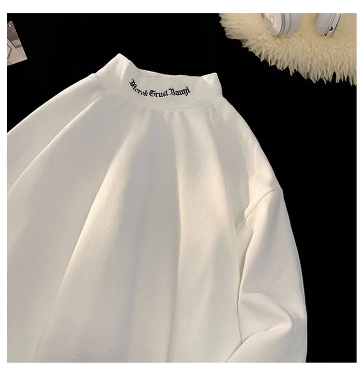 Autumn Winter Warm Classic Long Sleeve Bottoming Shirt Gothic Style Embroidery Half-high Neck Tops Loose T-shirt