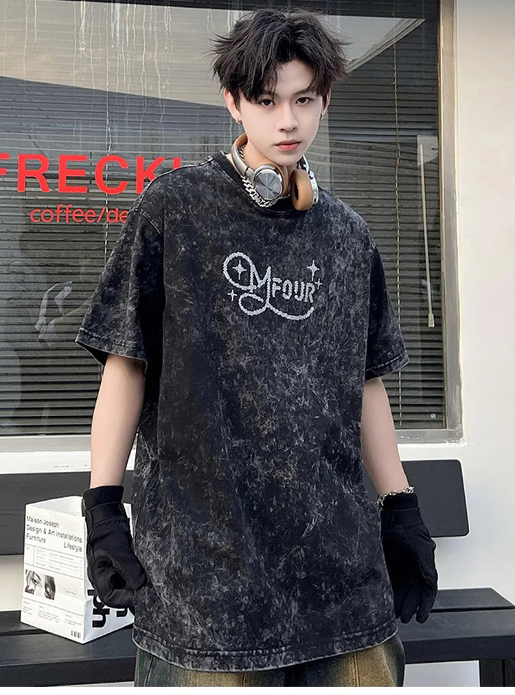 Vaporwave Broken heart – Men Retro T Shirts Rhinestone Wing Washed Short Sleeve T Shi