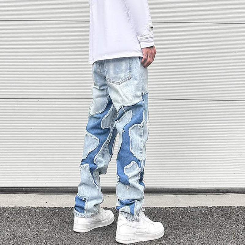 ripped irregular patchwork design denim jeans men casual zipper biker trousers jeans fashion streetwear hip hop pants joggers streetwear sweatpants