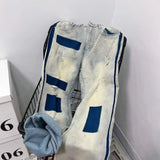 men and women trendy high street retro washed ripped color blocked jeans summer hip hop loose straight leg casual pants y2k unique jeans style 793
