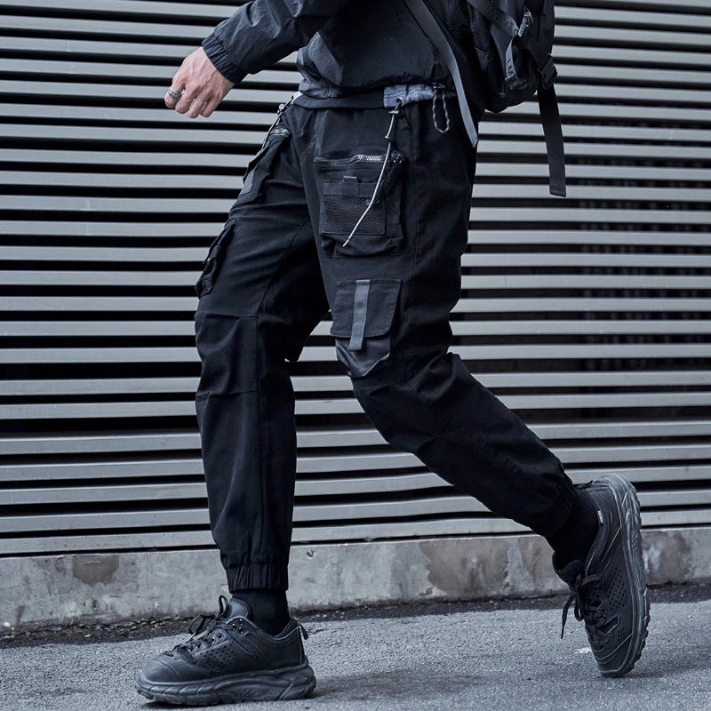 mens cargo pants elastic waist trousers streetwear hip hop loose fit ankle drawstring military pockets sweatpants joggers black sporty tapered joggers