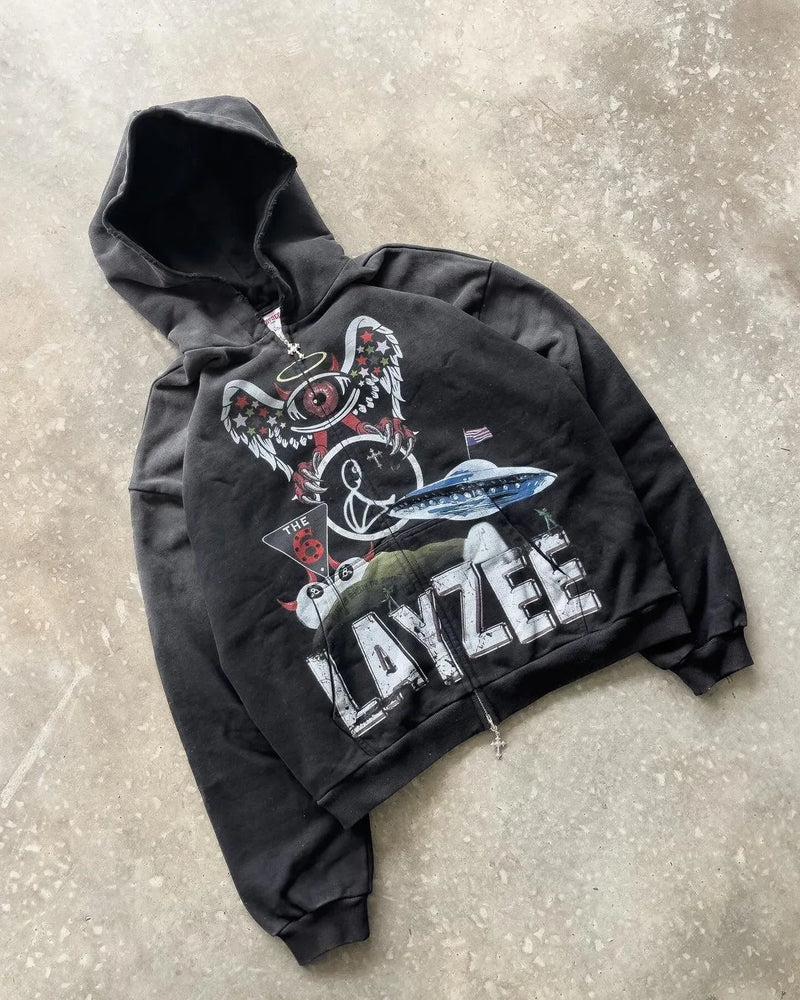 Y2k Winter Long Sleeved Hoodie Sweatshirt Oversized Winter Clothes Streetwear Y2k Vintage Punk Graffiti Print Top School Ootd