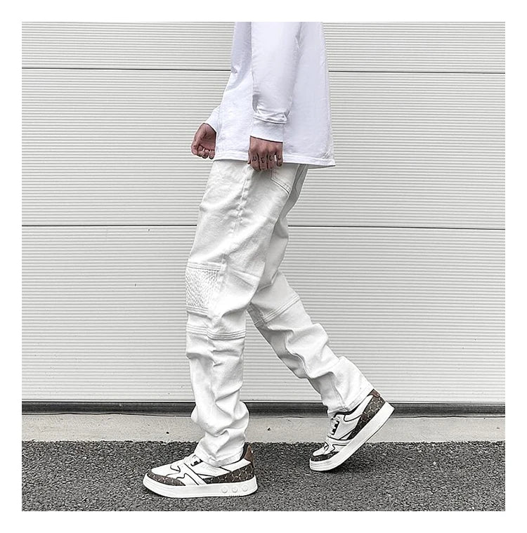 high street white knee pleated vertical stripe elastic fit skinny jeans male casual small leg jeans pants slim mens clothing unique jeans style 3661