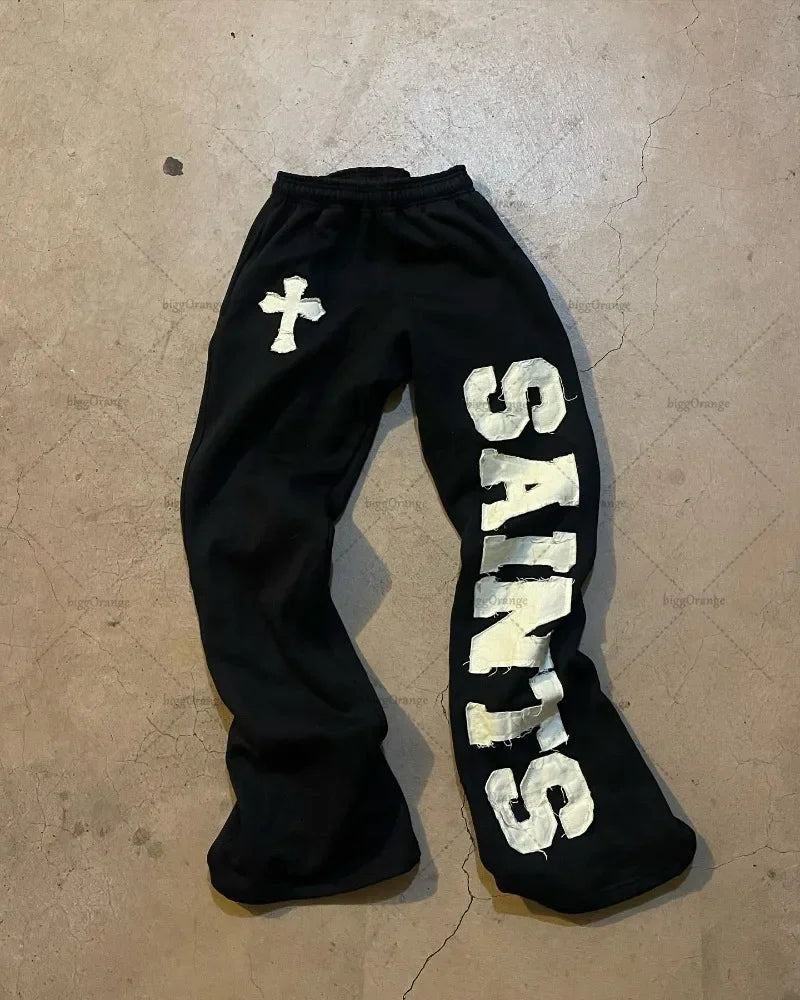 high street harajuku retro straight trousers letter embroidered knitted pants couple fashion casual oversized wide leg pants unique default style 3665