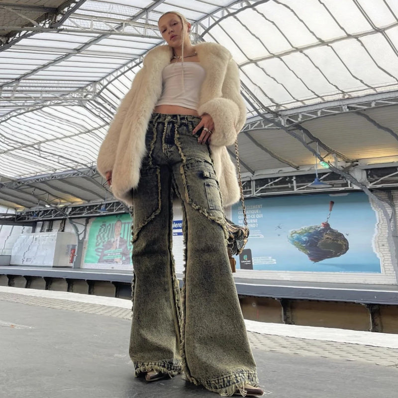 streetwear heavy craft washed distressed faded jeans flare slim straight tassel jeans for men and women raw edge denim pants ripped baggy denim