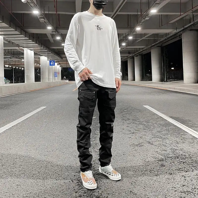 streetwear kanye slim fit feet coated black jeans pants for men pocket brushed wax tapered pants man casual cargo jeans y2k unique cargo style 4553