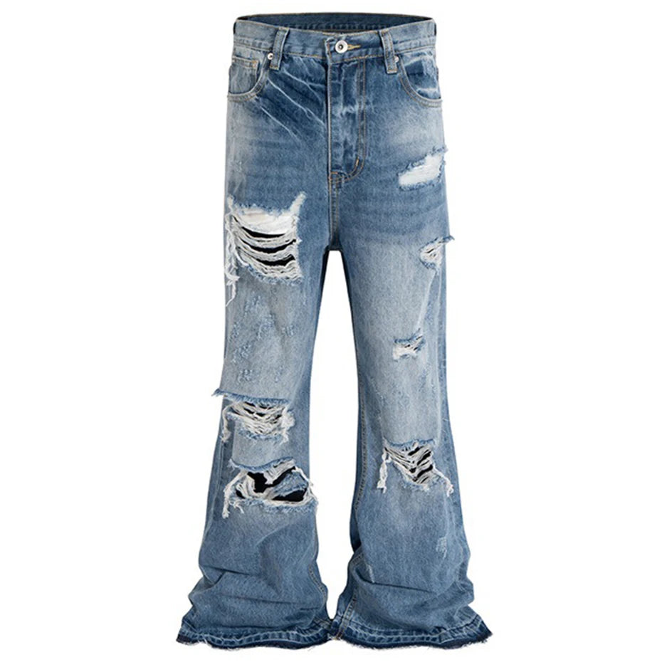 mens fashion ripped jeans blue distressed flared denim pants baggy jeans trousers male luxury designer jeans unique jeans style 5709