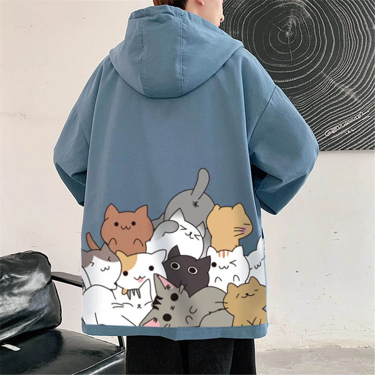 Black Cat Print Baseball Jacket Boys Long Sleeve Loose Ins Harajuku Hi