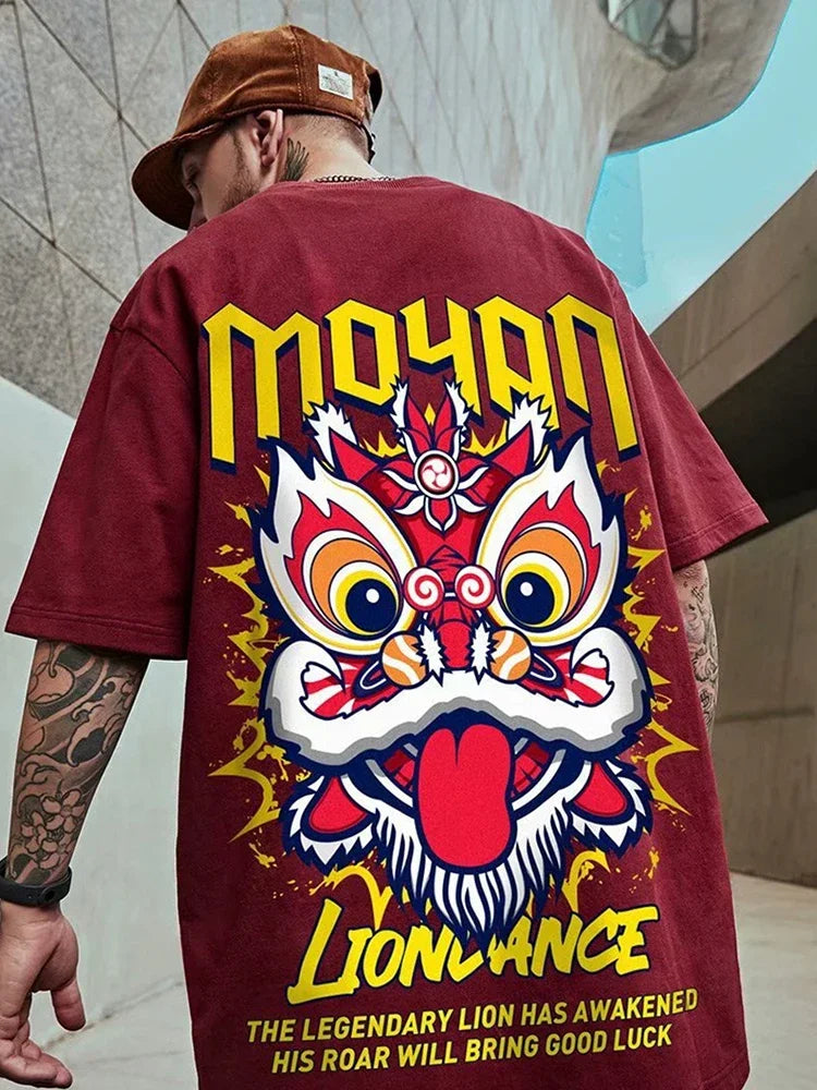 Glitchcore Angelcore design – Lion Dance Funny Graphic Men T Shirts Printed 2025 Summer Hi