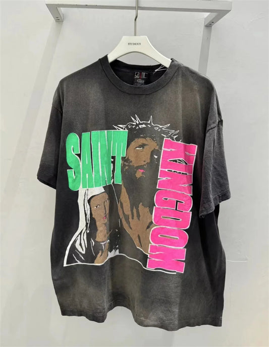 vaporwave oversized shirt featuring 24ss kingdom vintage summer retro distressed portrait print loose casual oversize t shirt tops