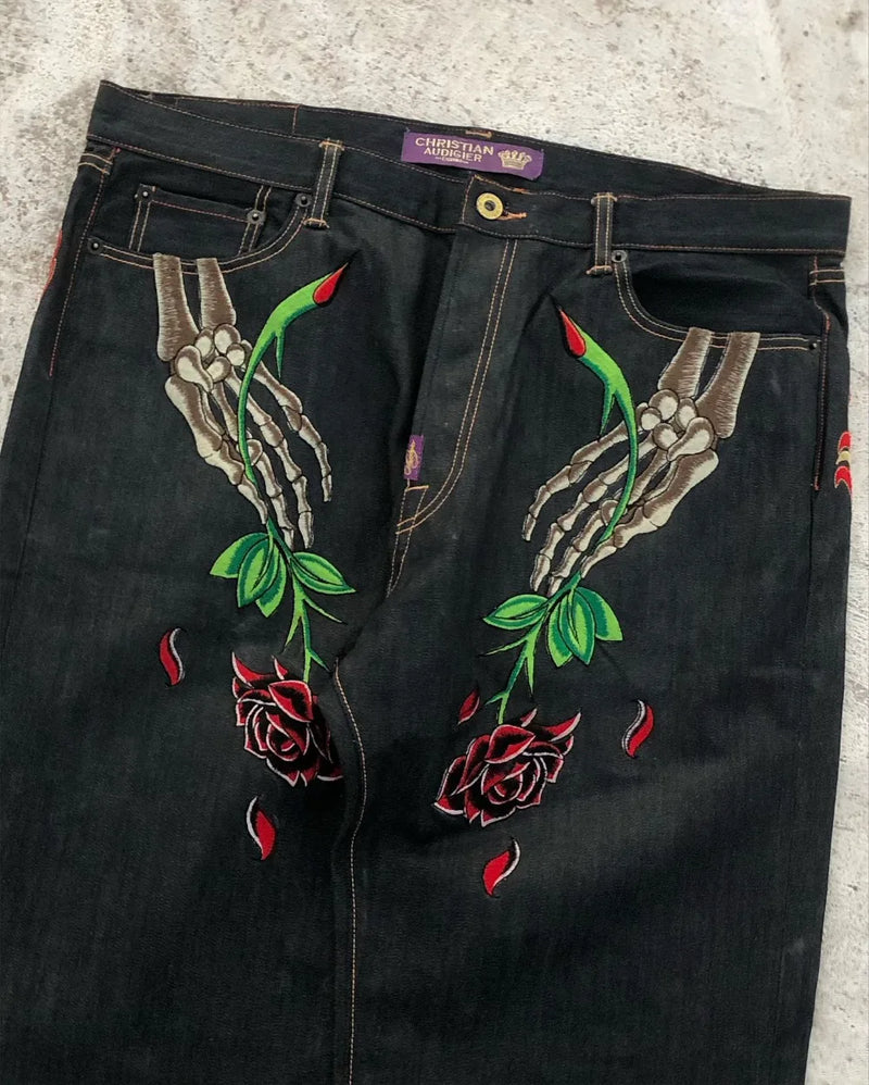 goth hip hop oversized skull embroidery pattern y2k baggy jeans new men and women straight black jeans retro casual denim pants unique jeans style 906