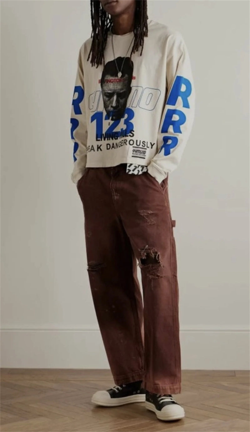 SS24 Vintage gymGnostic 123 Portrait Letter Print High-Street Casual White Loose Cotton Long Sleeve T Shirt Pullover Sweatshirt