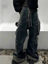 fashion denim baggy cargo jean pants men hip hop elastic waist wide legs retro washed jeans side pocket streetwear jeans joggers unique joggers style 4491
