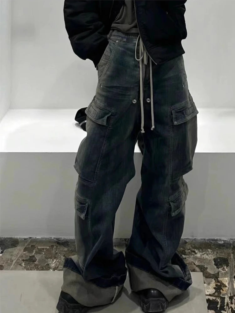 fashion denim baggy cargo jean pants men hip hop elastic waist wide legs retro washed jeans side pocket streetwear jeans joggers unique joggers style 4491