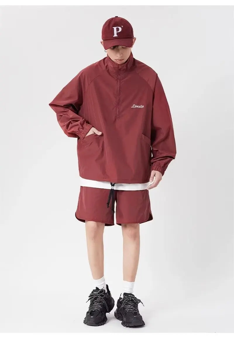 quick drying two piece set men loose casual street sweatshirt shorts y2k stand collar casual loose lightweight suits american unique shorts style 498