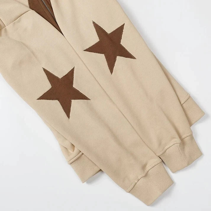 American Zip Up Hoodie Jacket Y2K Grunge Vintage Star Patch Punk Gothic Loose Hooded Sweatshirt Coat Harajuku Cotton Streetwear