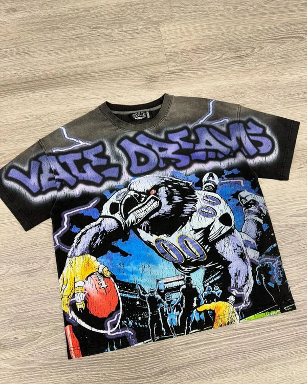 Gothic Aesthetic print tee – European And American Street New Style Washed Retro Anime Pr