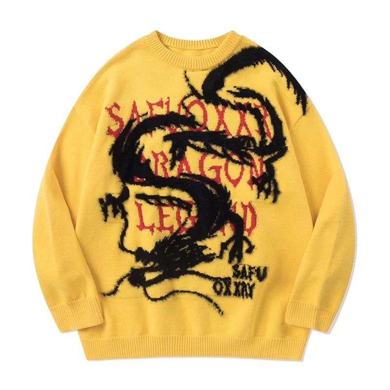 hip hop harajuku dragon pattern knitted sweater unisex pullover streetwear new year casual loose sweater warm jumper knitwear Y2K vintage urban hoodie, trendy hip hop style outerwear, aesthetic street look hoodie