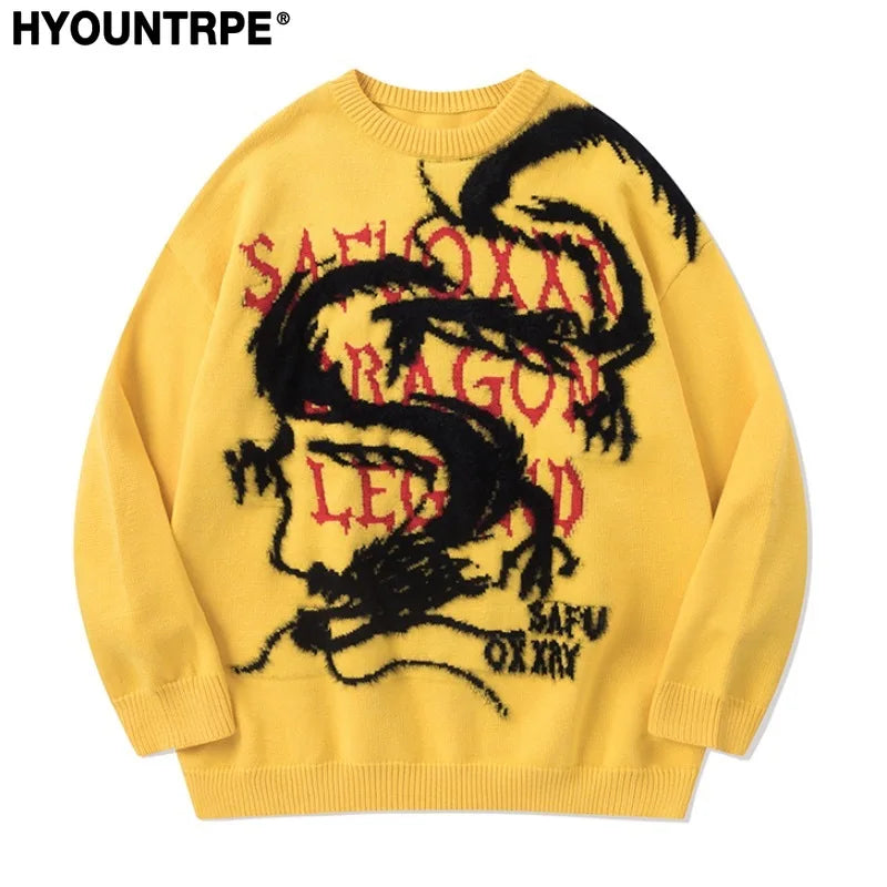 hip hop harajuku dragon pattern knitted sweater unisex pullover streetwear new year casual loose sweater warm jumper knitwear Y2K vintage urban hoodie, trendy hip hop style outerwear, aesthetic street look hoodie