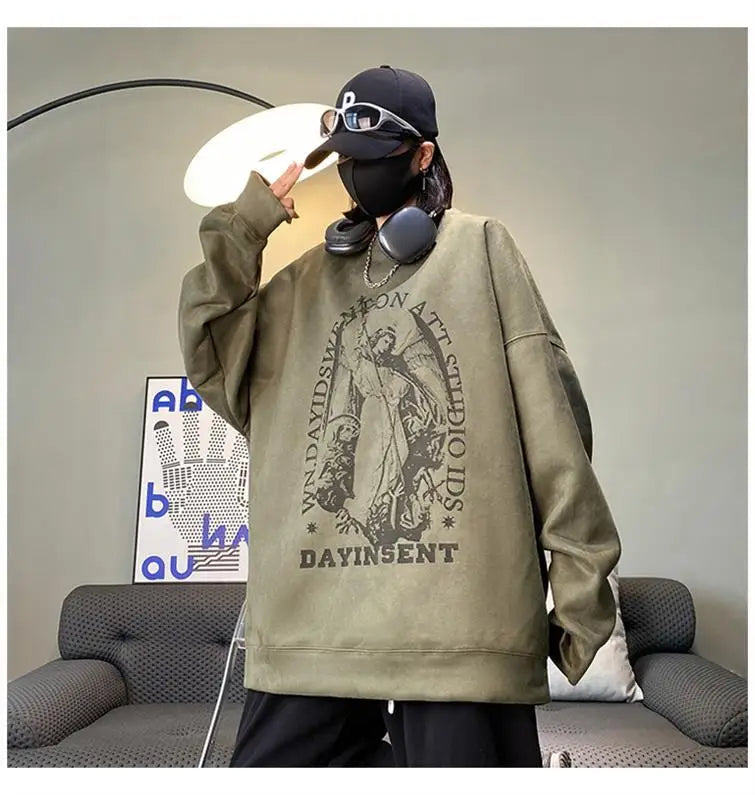 Autumn Korean Personality Street Boys Unisex Round Neck Sweatshirt Trendy American Couple Suede Long-sleeved Shirt Top
