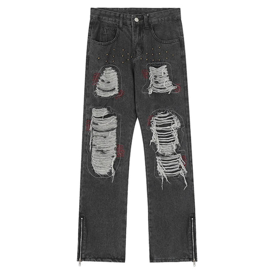 destroy ripped holes patchwork denim jeans men unisex casual rivet bottom zipper trousers jeans streetwear hip hop pants joggers unique joggers style 3632