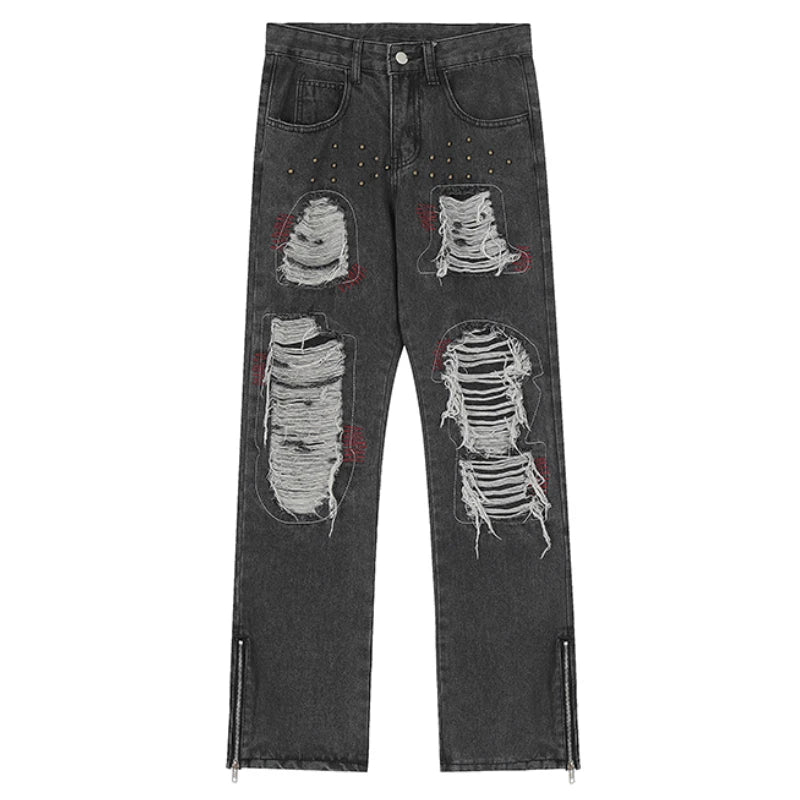 destroy ripped holes patchwork denim jeans men unisex casual rivet bottom zipper trousers jeans streetwear hip hop pants joggers unique joggers style 3632