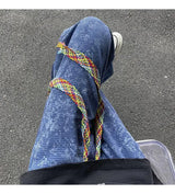 korean style waffle tie dye casual pants high street vibe pants men trendy brand colorful drawstring side slit straight trousers unique default style 2102