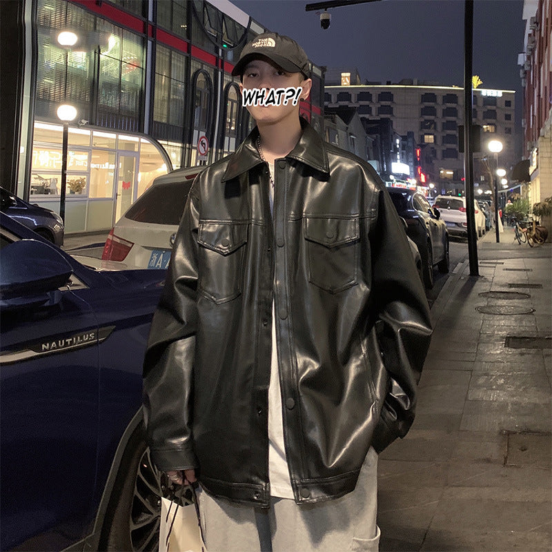 2023 Spring New Light Luxury Fashion Jacket Men's Loose Casual Tooling Leather Jacket Retro Motorcycle Leather Men's Boutique