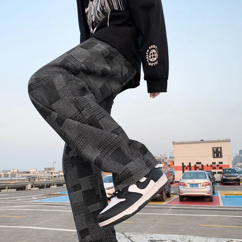 blue black plaid jeans men retro casual wide leg jeans mens streetwear loose hip hop straight denim trousers men vintage jeans stacked flare jeans