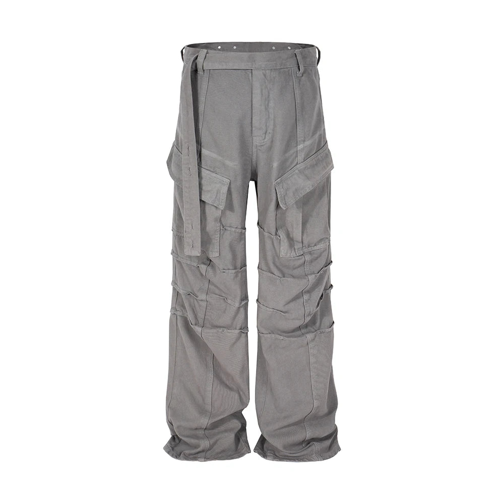 streetwear big pockets sashes pleated baggy jeans for men and women washed straight casual cargo pants oversize denim trousers 1 multi-pocket cargos