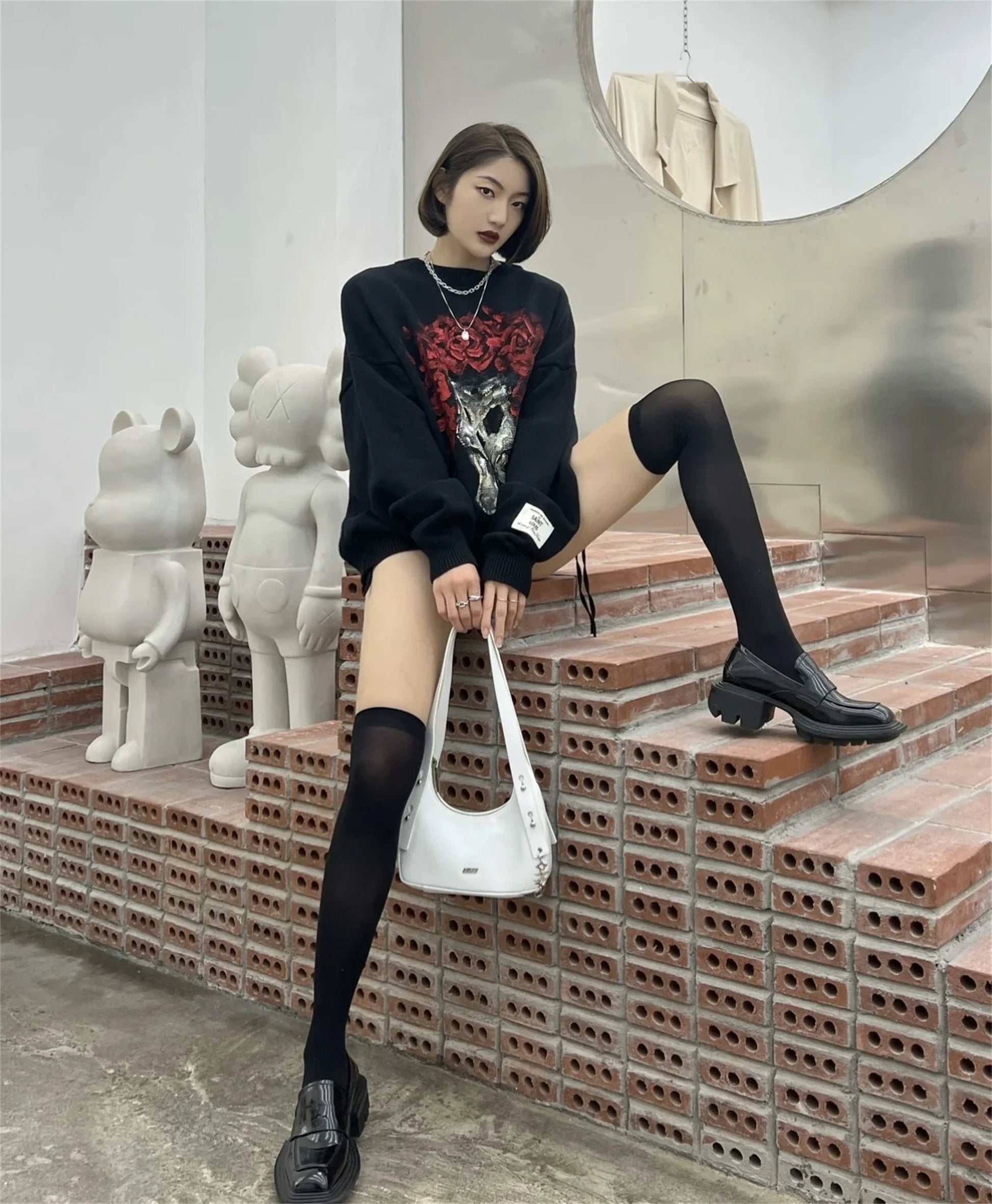 y2k knitted sweater, photo-ready sweater, cozy fashion fit, stylish street outfit, modern aesthetic appeal
