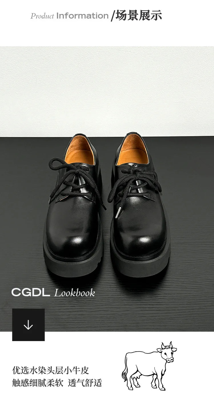 Men High Quality Genuine Leather Streetwear Fashion Casual Hip Hop Derby Shoes Cow Leather Rubber Foam Sole High Heels Shoes