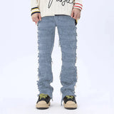 tassel hole spliced european and american straight leg denim pants new popular patch jeans mens wear unique jeans style 189
