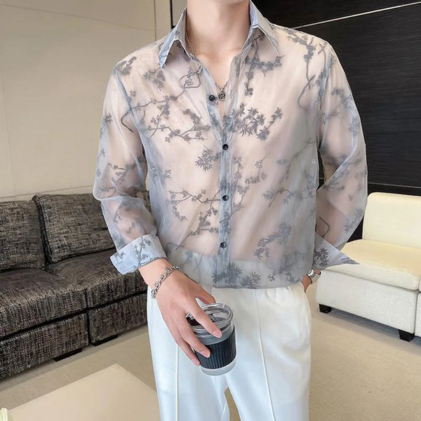 Mens Shirt Semi Transparent Exquisite Bamboo Plum Jacquard Embroidery Pattern Shirt Light Weight Sensual Long Sleeve Tops Summer