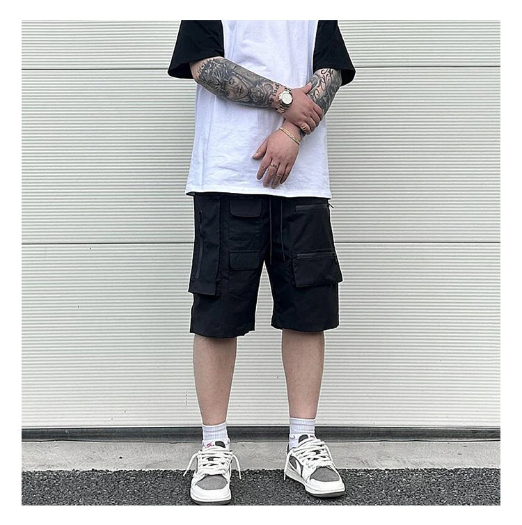 Retro Fashion Vibe Summer Cargo Shorts Functional Pockets Press Glue Zipper Straight Shorts Baggy Casual Split Knee-length