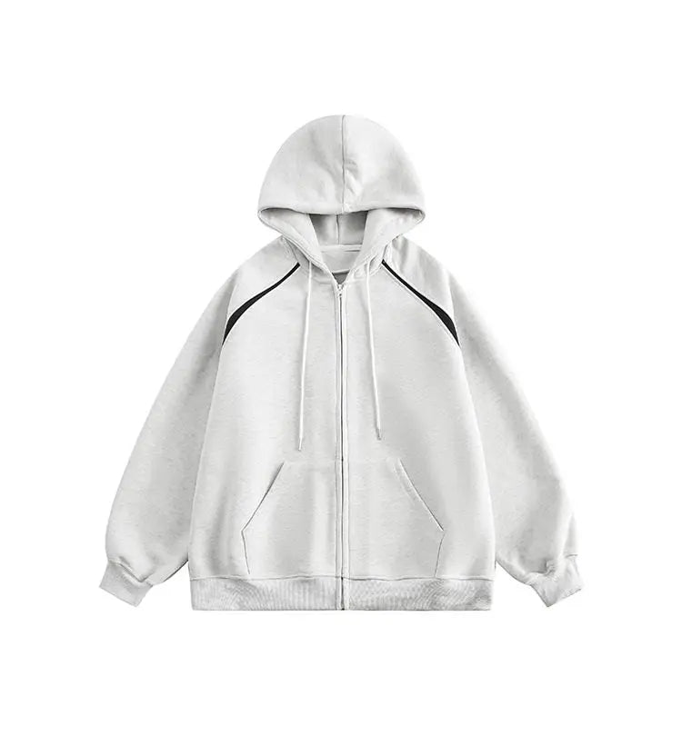 American Street Ins Gray Hooded Sweatshirt Jacket for Boys Retro Street Y2K Loose Splicing Contrasting Zipper Cardigan Top