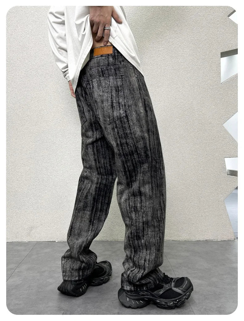 mens streetwear fashion hip hop vibe casual retro tie dyed denim pant jeans cityboy black gray straight jeans trousers unique jeans style 3052