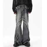 high street jeans mens spring autumn rough edge splicing design trendy denim pants multiple pockets punk cowboy flared trousers unique jeans style 419