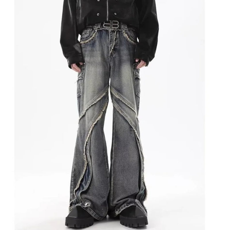 high street jeans mens spring autumn rough edge splicing design trendy denim pants multiple pockets punk cowboy flared trousers unique jeans style 419