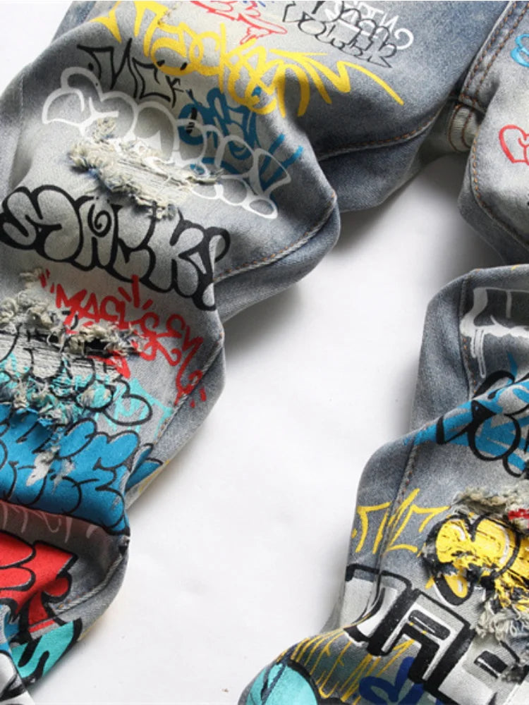 letter graffiti printed denim jeans pants mens punk bottons biker jeans streetwear slim fit hip hop new casual y2k pants joggers streetwear sweatpants
