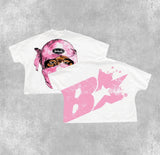 y2k manga graphic tee with glitch flames and graffiti text blocks