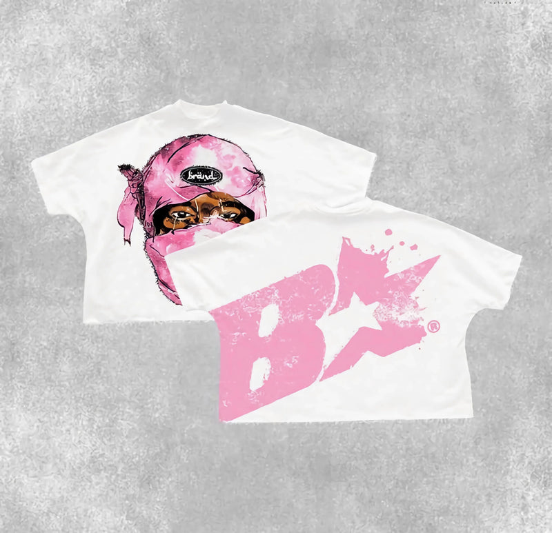 y2k manga graphic tee with glitch flames and graffiti text blocks