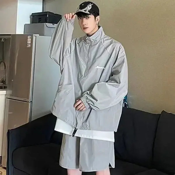 quick drying two piece set men loose casual street sweatshirt shorts y2k stand collar casual loose lightweight suits american casual urban shorts