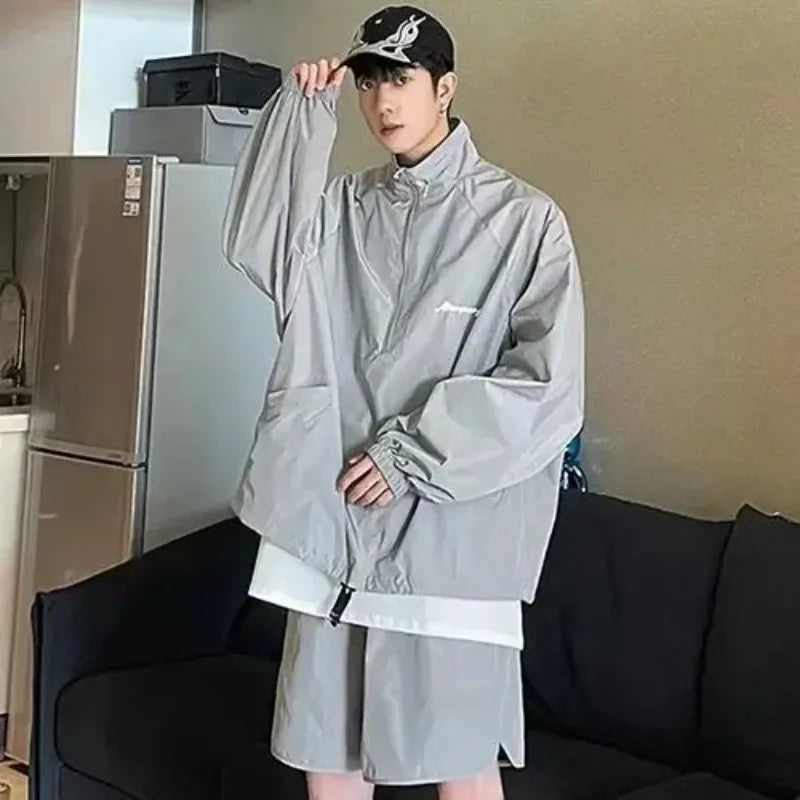 quick drying two piece set men loose casual street sweatshirt shorts y2k stand collar casual loose lightweight suits american casual urban shorts
