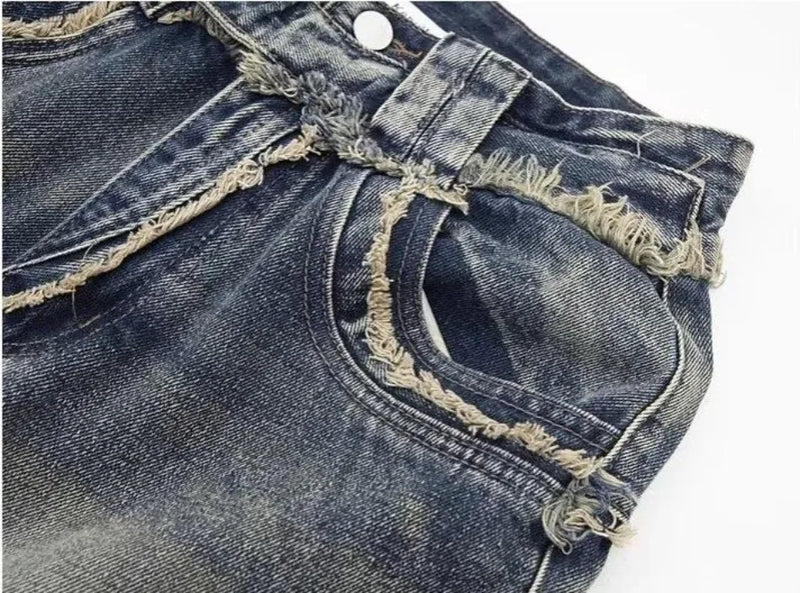 high street jeans mens spring autumn rough edge splicing design trendy denim pants multiple pockets punk cowboy flared trousers unique jeans style 426