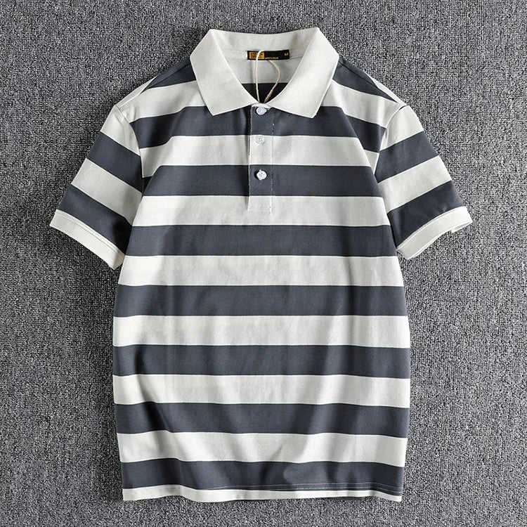 Trapwear Graphic tee – Summer Striped Polo T Shirt Mens New Retro Trend Washed Elas