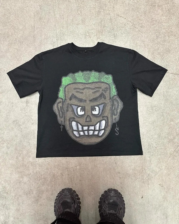 Glitchcore Melting smiley – 2024 Fashion Gothic Cartoon Print Oversized Prototype Short