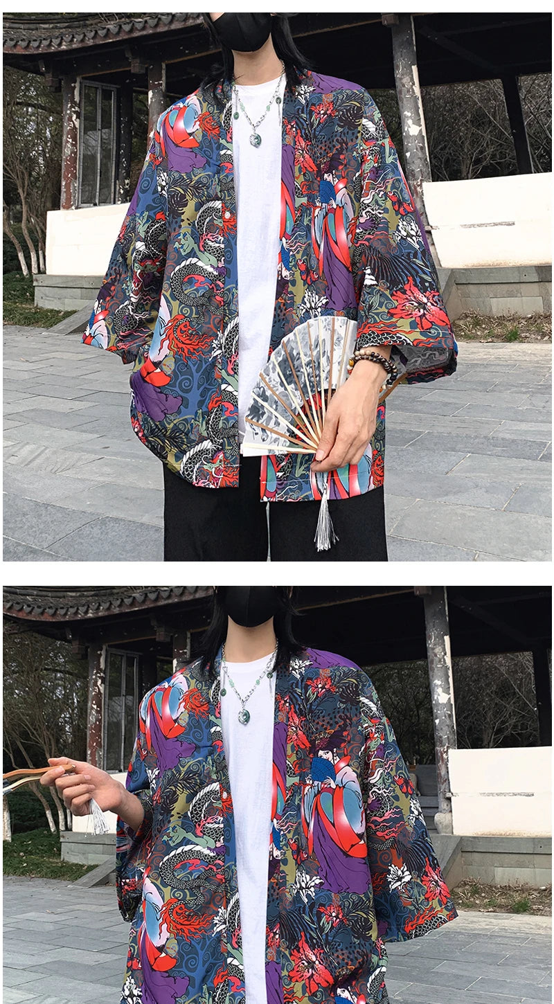 Japanese Style Men's Lightweight Kimono Jacket Dragon Print Kimono Cardigan New Arrival Street Shirt Harajuku Kimono Couple Tops