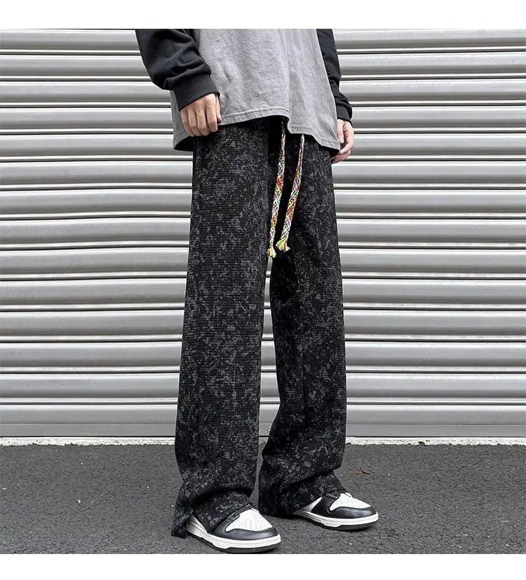 korean style waffle tie dye casual pants high street vibe pants men trendy brand colorful drawstring side slit straight trousers unique default style 2108