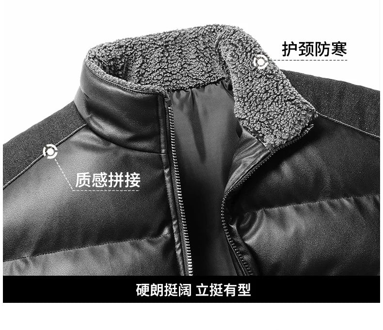 Winter new men's cotton thickened jacket slim stand-up collar splicing PU leather large pocket cotton-padded coat men